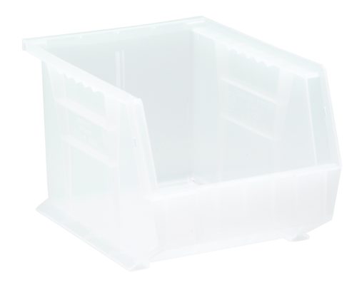 The Quantum Bin is a clear, polypropylene organizer with side grips, an anti-slide lock, and reinforced base for stacking or hanging. Measuring 8-1/4W x 10-3/4D x 7H, it includes a rear hanger and molded-in label holder for storing small items efficiently. Made in the USA.