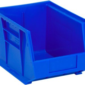 The Quantum Bin is a blue polypropylene storage solution, 8-1/4W x 10-3/4D x 7H, featuring an anti-slide lock, front/back/side grips, and a divider slot. Its rectangular design supports stacking or hanging with a rear hanger and molded-in label holder. Made in the USA.