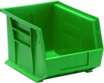 The green Quantum Bin, made in the USA from polypropylene, measures 8-1/4W x 10-3/4D x 7H and offers front, back, and side grips for easy handling. It includes an anti-slide lock, molded-in label holder, rear hanger, and one divider slot. The bin is empty against a white background.
