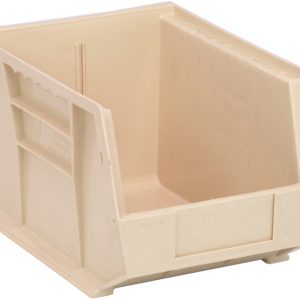The Quantum Bin is an ivory, open-topped storage solution featuring a slanted front and vertical side ridges for easy access. Measuring 8-1/4W x 10-3/4D x 7H, it includes an anti-slide lock and a rear hanger, making it perfect for secure organization of small items without unexpected shifts.