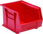 The Quantum Bin, made from red polypropylene in the USA, measures 8-1/4W x 10-3/4D x 7H. It features an open front, slanted top for easy access, divider slot for organization, anti-slide lock, and front/back/side grips. Equipped with a rear hanger and molded-in label holder to streamline your space effortlessly.