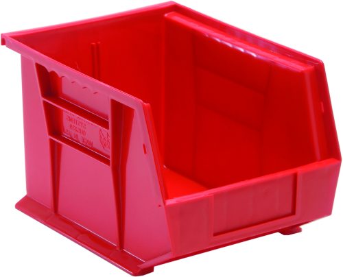 The Quantum Bin, made from red polypropylene in the USA, measures 8-1/4W x 10-3/4D x 7H. It features an open front, slanted top for easy access, divider slot for organization, anti-slide lock, and front/back/side grips. Equipped with a rear hanger and molded-in label holder to streamline your space effortlessly.