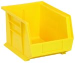 The Quantum Bin is a yellow polypropylene storage solution with front, back, and side grips for easy handling. It measures 8-1/4W x 10-3/4D x 7H and features an anti-slide lock, a divider slot, rear hanger, and molded-in label holder for efficient stacking or hanging. Made in the USA.
