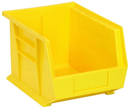 The Quantum Bin is a yellow polypropylene storage solution with front, back, and side grips for easy handling. It measures 8-1/4W x 10-3/4D x 7H and features an anti-slide lock, a divider slot, rear hanger, and molded-in label holder for efficient stacking or hanging. Made in the USA.