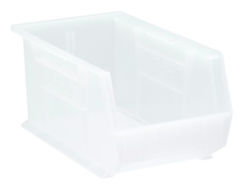 The Quantum Bin is a clear polypropylene storage solution, measuring 8-1/4W x 14-3/4D x 7H. It features anti-slide locks, front/back/side grips, a rear hanger, and (1) divider slot for organizing small items. Made in the USA with a molded-in label holder for added convenience.