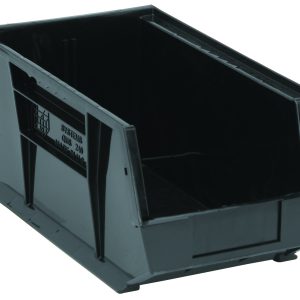 The Quantum Bin is a large, conductive black plastic storage bin with ridged structure and reinforced edges. It measures 8-1/4W x 14-3/4D x 7H, features an open front, grips on all sides, an anti-slide lock, divider slot, rear hanger, and molded-in label holder. Made in the USA.