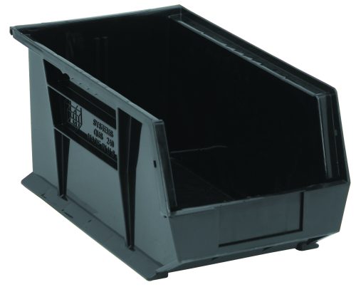 The Quantum Bin is a large, conductive black plastic storage bin with ridged structure and reinforced edges. It measures 8-1/4W x 14-3/4D x 7H, features an open front, grips on all sides, an anti-slide lock, divider slot, rear hanger, and molded-in label holder. Made in the USA.