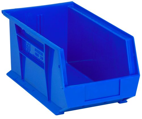 The Quantum Bin measures 8-1/4W x 14-3/4D x 7H and is made in the USA from blue polypropylene. It features an open front, stacking or hanging capabilities, front/back/side grips, anti-slide lock, one divider slot, a rear hanger, and a molded-in label holder for organized storage.