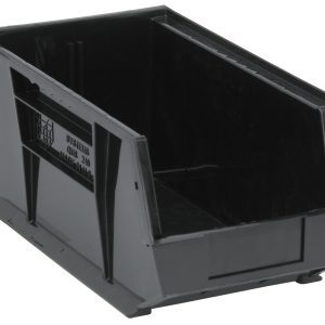 The Quantum Bin, made of recycled black polypropylene, features an anti-slide lock for secure stacking or hanging and includes grips, a rear hanger, and a molded-in label holder.