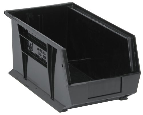 The Quantum Bin, made of recycled black polypropylene, features an anti-slide lock for secure stacking or hanging and includes grips, a rear hanger, and a molded-in label holder.