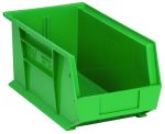 The Quantum Bin, made in the USA from green polypropylene, measures 8-1/4W x 14-3/4D x 7H. It features front/back/side grips, an anti-slide lock for secure stacking, a rear hanger, a molded-in label holder, and includes one divider slot for organized storage.