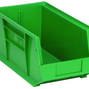 The Quantum Bin, made in the USA from green polypropylene, measures 8-1/4W x 14-3/4D x 7H. It features front/back/side grips, an anti-slide lock for secure stacking, a rear hanger, a molded-in label holder, and includes one divider slot for organized storage.
