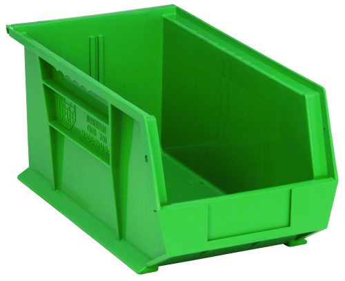 The Quantum Bin, made in the USA from green polypropylene, measures 8-1/4W x 14-3/4D x 7H. It features front/back/side grips, an anti-slide lock for secure stacking, a rear hanger, a molded-in label holder, and includes one divider slot for organized storage.
