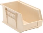 The Quantum Bin, ivory in color and sized at 8-1/4W x 14-3/4D x 7H, features front/back/side grips, an anti-slide lock, a rear hanger, and a molded-in label holder for versatile organization. Made in the USA from polypropylene.