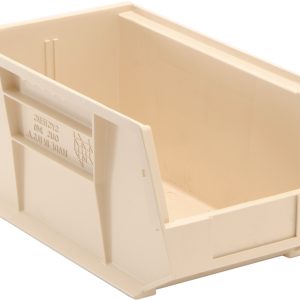 The Quantum Bin, ivory in color and sized at 8-1/4W x 14-3/4D x 7H, features front/back/side grips, an anti-slide lock, a rear hanger, and a molded-in label holder for versatile organization. Made in the USA from polypropylene.