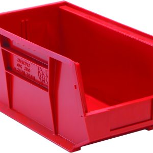 The Quantum Bin in red polypropylene is designed for organizing with an open front, slanted sides, ribbed details, and a divider slot. Featuring front/back/side grips and anti-slide lock, plus embossed text. The bin is empty and angled, with a rear hanger and molded-in label holder. Made in the USA.