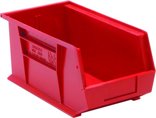 The Quantum Bin in red polypropylene is designed for organizing with an open front, slanted sides, ribbed details, and a divider slot. Featuring front/back/side grips and anti-slide lock, plus embossed text. The bin is empty and angled, with a rear hanger and molded-in label holder. Made in the USA.