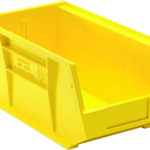 The Quantum Bin is a yellow polypropylene storage solution, 8-1/4W x 14-3/4D x 7H. Featuring front, back, and side grips for easy handling, it includes an anti-slide lock, a rear hanger, one divider slot for organization, reinforced sides for stacking, and a molded-in label holder. Made in the USA.