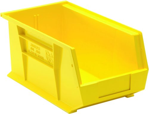 The Quantum Bin is a yellow polypropylene storage solution, 8-1/4W x 14-3/4D x 7H. Featuring front, back, and side grips for easy handling, it includes an anti-slide lock, a rear hanger, one divider slot for organization, reinforced sides for stacking, and a molded-in label holder. Made in the USA.