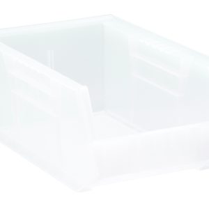 The Quantum Bin, made in the USA from clear polypropylene, is perfect for organizing small items. It measures 8-1/4W x 13-5/8D x 6H, features an open front with a divider slot, anti-slide lock, rear hanger, molded-in label holder, and offers front/back/side grips for easy handling.