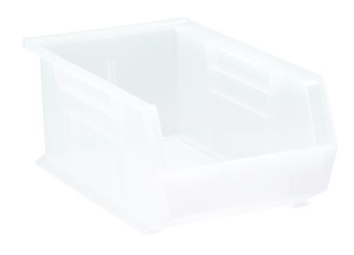 The Quantum Bin, made in the USA from clear polypropylene, is perfect for organizing small items. It measures 8-1/4W x 13-5/8D x 6H, features an open front with a divider slot, anti-slide lock, rear hanger, molded-in label holder, and offers front/back/side grips for easy handling.