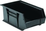 The Quantum Bin, a black polypropylene storage unit made in the USA, measures 8-1/4W x 13-5/8D x 6H. It features front, back, and side grips, an anti-slide lock, one divider slot, a molded-in label holder for organization, and is designed for stacking or hanging to maximize space efficiency.
