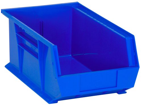 The Quantum Bin is a blue polypropylene storage bin with front, back, and side grips, featuring an 8-1/4W x 13-5/8D x 6H design. It includes a divider slot for organization, reinforced sides with an anti-slide lock for secure stacking or hanging, a rear hanger, and a molded-in label holder. Made in USA.