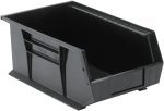 The Quantum Bin is a rectangular, black storage bin made from recycled polypropylene with front/back/side grips and an anti-slide lock. It features a slanted front for easy access, ribbed sides for durability, and includes a rear hanger, divider slot, and molded-in label holder. Made in the USA.