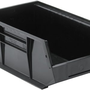The Quantum Bin is a rectangular, black storage bin made from recycled polypropylene with front/back/side grips and an anti-slide lock. It features a slanted front for easy access, ribbed sides for durability, and includes a rear hanger, divider slot, and molded-in label holder. Made in the USA.