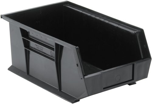 The Quantum Bin is a rectangular, black storage bin made from recycled polypropylene with front/back/side grips and an anti-slide lock. It features a slanted front for easy access, ribbed sides for durability, and includes a rear hanger, divider slot, and molded-in label holder. Made in the USA.