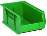 The Quantum Bin is a green polypropylene storage solution, measuring 8-1/4W x 13-5/8D x 6H. It features front, back, and side grips, an anti-slide lock for stability, one divider slot, a rear hanger, and a molded-in label holder. This stackable bin is made in the USA.