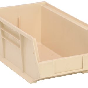 The Quantum Bin is an ivory, open-front polypropylene storage bin with a divider slot, angled design for easy access, rear hanger, grips on all sides, reinforced base for stability and stacking, anti-slide lock, and molded-in label holder. Made in the USA. Size: 8-1/4W x 13-5/8D x 6H.