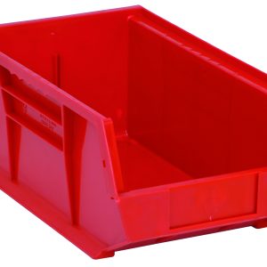 The Quantum Bin is a red plastic storage solution measuring 8-1/4W x 13-5/8D x 6H. It features slanted sides, with a lower front for easy access. Equipped with an anti-slide lock, divider slot, molded-in label holder, and grips on all sides for ample convenience. Made in the USA.