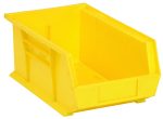 The Quantum yellow plastic storage bin measures 8-1/4W x 13-5/8D x 6H with open front, sloped sides, an anti-slide lock for stacking or hanging, grips on all sides, a rear hanger, divider slot, and molded-in label holder. Made in USA from durable polypropylene.