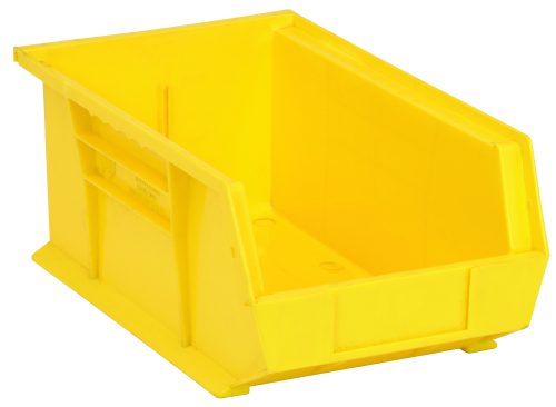 The Quantum yellow plastic storage bin measures 8-1/4W x 13-5/8D x 6H with open front, sloped sides, an anti-slide lock for stacking or hanging, grips on all sides, a rear hanger, divider slot, and molded-in label holder. Made in USA from durable polypropylene.