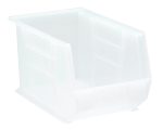 The Quantum Bin is a clear polypropylene storage solution measuring 8-1/4W x 13-5/8D x 8H. It features a wide open front, a divider slot, and ribbed sides for strength. Equipped with front/back/side grips, an anti-slide lock ensuring stability when stacked, and a molded-in label holder. Made in USA.
