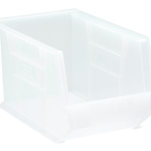 The Quantum Bin is a clear polypropylene storage solution measuring 8-1/4W x 13-5/8D x 8H. It features a wide open front, a divider slot, and ribbed sides for strength. Equipped with front/back/side grips, an anti-slide lock ensuring stability when stacked, and a molded-in label holder. Made in USA.