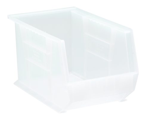The Quantum Bin is a clear polypropylene storage solution measuring 8-1/4W x 13-5/8D x 8H. It features a wide open front, a divider slot, and ribbed sides for strength. Equipped with front/back/side grips, an anti-slide lock ensuring stability when stacked, and a molded-in label holder. Made in USA.