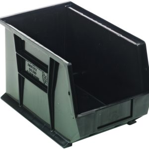 The black Quantum Bin, made in the USA from polypropylene, measures 8-1/4W x 13-5/8D x 8H and features an open front, reinforced walls, anti-slide lock for stability, one divider slot, molded-in label holder, rear hanger, and side grips. It’s perfect for stacking or organizing items seamlessly.
