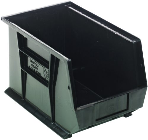 The black Quantum Bin, made in the USA from polypropylene, measures 8-1/4W x 13-5/8D x 8H and features an open front, reinforced walls, anti-slide lock for stability, one divider slot, molded-in label holder, rear hanger, and side grips. It’s perfect for stacking or organizing items seamlessly.