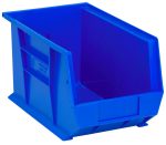 The Quantum Bin is a blue polypropylene storage bin, 8-1/4 x 13-5/8 x 8, with an open front for easy access, an anti-slide lock, and molded-in label holder. Its rectangular, stackable or hangable with front/back/side grips and a rear hanger, including one divider slot. Made in the USA.