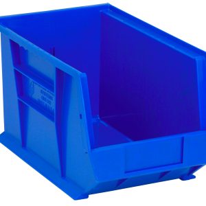 The Quantum Bin is a blue polypropylene storage bin, 8-1/4 x 13-5/8 x 8, with an open front for easy access, an anti-slide lock, and molded-in label holder. Its rectangular, stackable or hangable with front/back/side grips and a rear hanger, including one divider slot. Made in the USA.