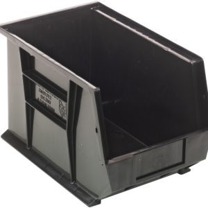 The Quantum Bin is a sleek black container made of recycled polypropylene, measuring 8-1/4W x 13-5/8D x 8H. Designed with front, back, and side grips, an anti-slide lock, and a divider slot, it’s great for organizing small items. It features a rear hanger and molded-in label holder for easy stacking or hanging.