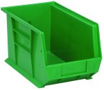 The green Quantum Bin, measuring 8-1/4W x 13-5/8D x 8H, features front/back/side grips for easy access and anti-slide lock. Its flat base is perfect for organizing items, and it allows for stacking or hanging to maximize space efficiency. Made in the USA from polypropylene with a divider slot and label holder.
