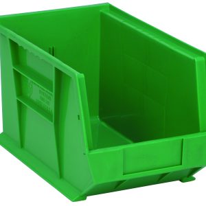 The green Quantum Bin, measuring 8-1/4W x 13-5/8D x 8H, features front/back/side grips for easy access and anti-slide lock. Its flat base is perfect for organizing items, and it allows for stacking or hanging to maximize space efficiency. Made in the USA from polypropylene with a divider slot and label holder.