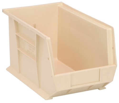 The Quantum Bin features a polypropylene ivory design with reinforced grips and anti-slide lock. It has an open top, molded-in label holder, and divider slot, offering easy stacking or hanging for optimal organization. Dimensions: 8-1/4W x 13-5/8D x 8H, made in the USA.