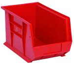 The Quantum Bin is a red, polypropylene storage bin measuring 8-1/4W x 13-5/8D x 8H. Designed for stacking or hanging with front/back/side grips, it features an anti-slide lock, divider slot, rear hanger, and molded-in label holder to enhance organization in a warehouse or workshop. Made in the USA.