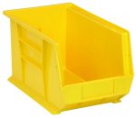 The Quantum Bin is a yellow polypropylene storage bin (8-1/4W x 13-5/8D x 8H) featuring a divider slot, anti-slide lock, front/back/side grips, and rear hanger. Its ideal for stacking or hanging in garages, workshops, or warehouses and includes a molded-in label holder. Made in the USA.