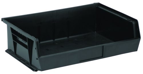 QUS245_BK.jpg The Quantum Bin, made in the USA from polypropylene, measures 16-1/2W x 10-7/8D x 5H and features front/back/side grips, an anti-slide lock, and a rear hanger. With three divider slots and a molded-in label holder, its perfect for stacking or hanging securely. Available in black.