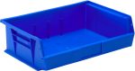 The Quantum Bin, made in the USA with blue polypropylene, measures 16-1/2W x 10-7/8D x 5H and includes front, back, and side grips for easy handling. It features anti-slide locks, a rear hanger, three divider slots, molded-in label holders, an open front design ideal for neat organization.